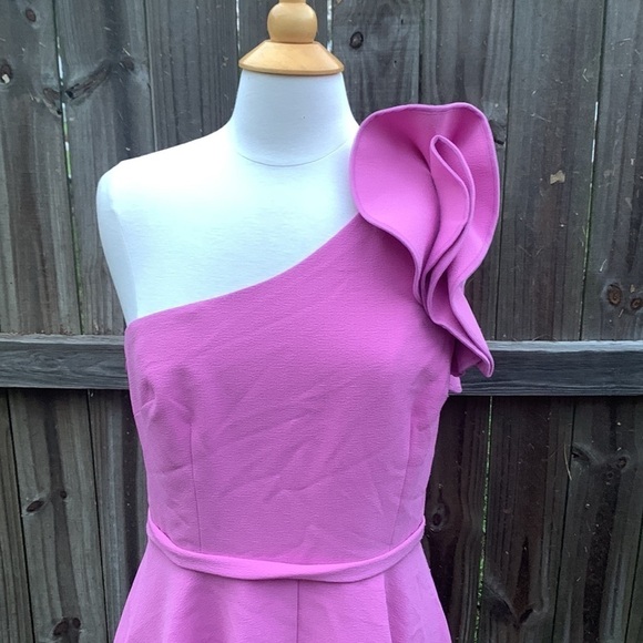 Eliza J. RUFFLE ONE-SHOULDER FIT & FLARE DRESS IN ORCHID ISLE, size 12 - Picture 3 of 6